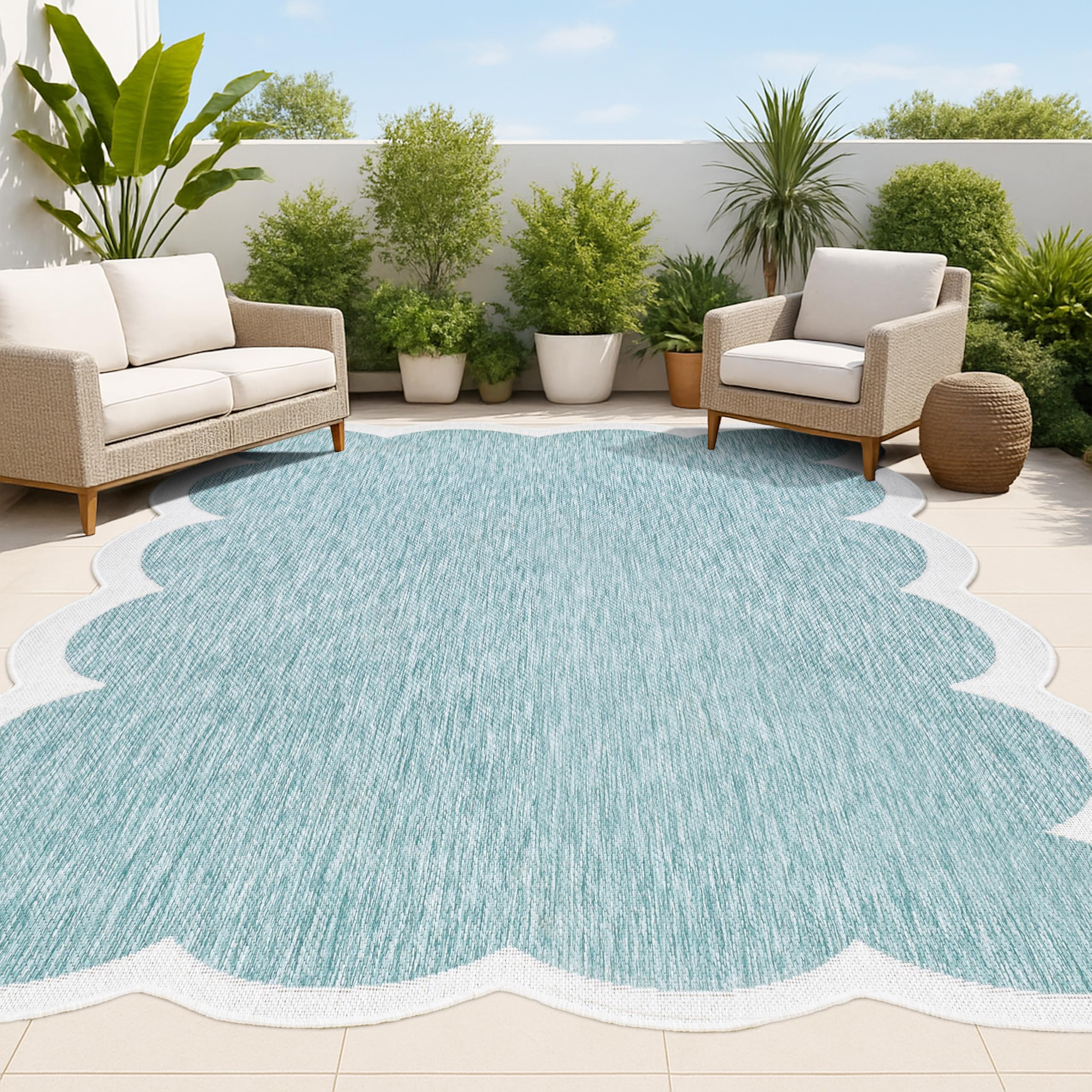 JONATHAN Y Cottage Two-Tone Scalloped Indoor Outdoor Area Rug 6X9 Turquoise/Cream, Alice Classic ... | Amazon (US)