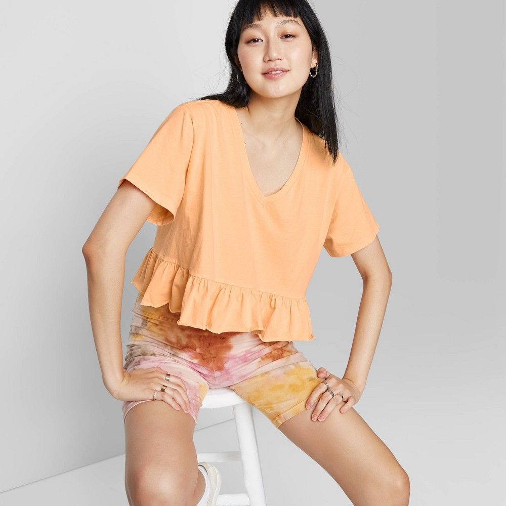 Women's Short Sleeve V-Neck Peplum Cropped T-Shirt - Wild Fable Blush Peach M, Blush Pink | Target