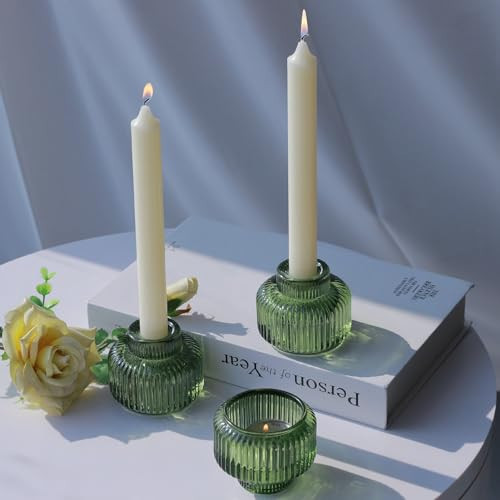 Woho Green Taper Candle Holders Set of 8 for Christmas Party Decor, Reversible Candle Sticks Holder Decor for Wedding Table Centerpiece, Vintage Ribbed Glass Candlestick Holders for Home Decor | Amazon (US)