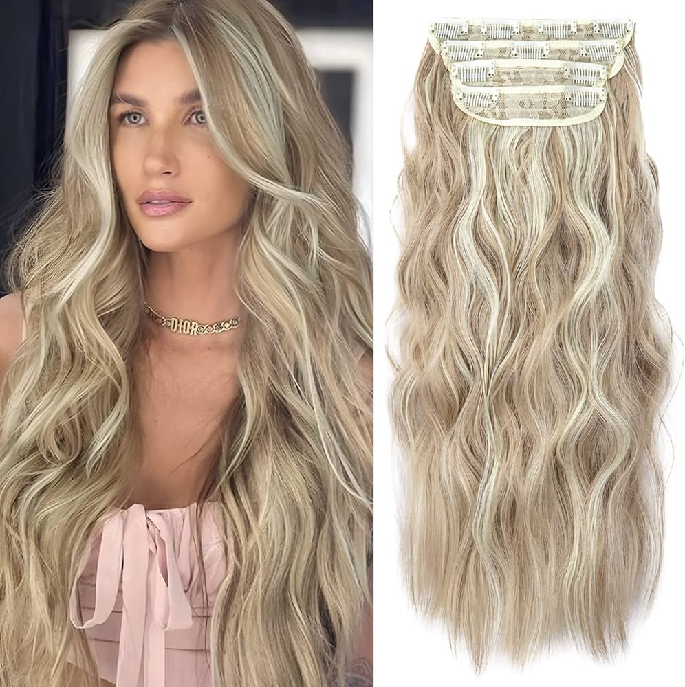 Clip in Natural Hair Extensions Long Wavy 4PCS Thick Hairpieces Dark Ash Blonde Mixed Bleach Blon... | Amazon (US)