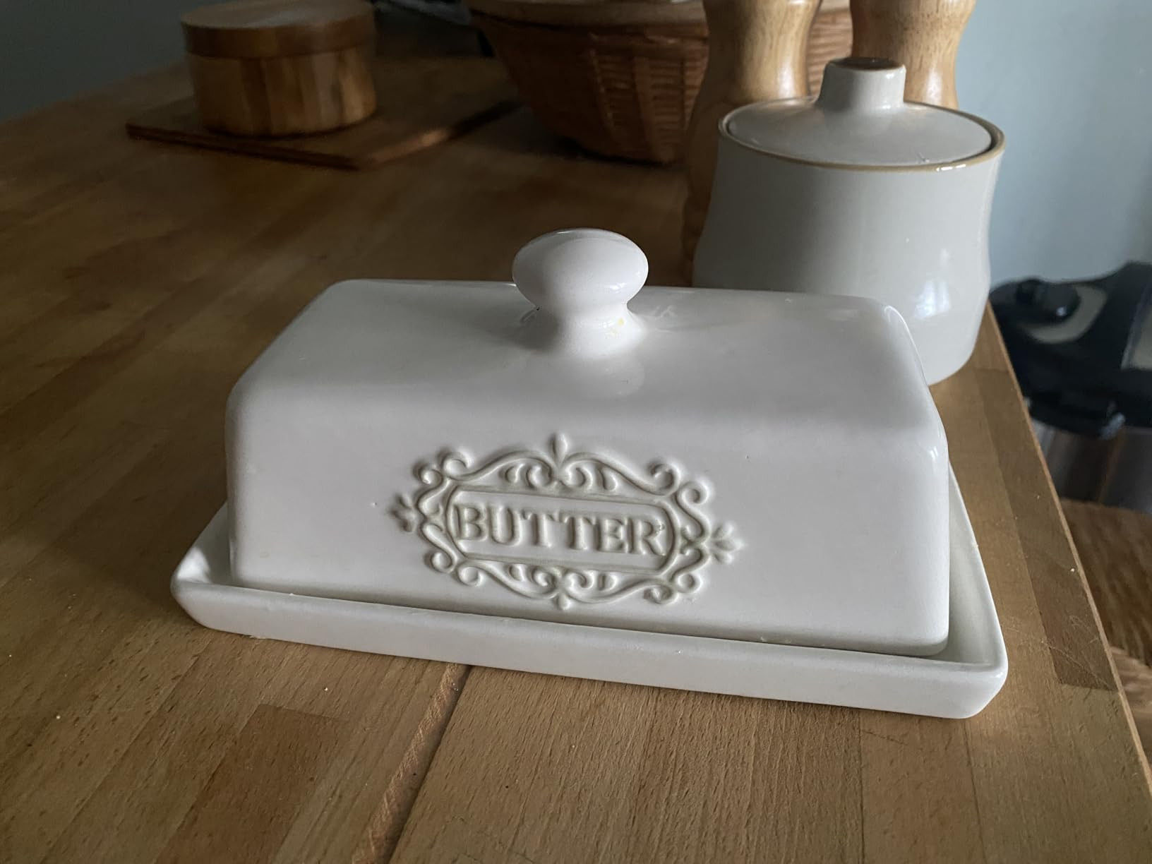 Covered Butter Dish with Lid - Elegant Engraved Butter Holder with Lid - Ceramic Butter Stick Holder Tray Holds Any Size Stick - Decorative Butter Keeper Container for Countertop & Fridge - 7.7" x 4" | Amazon (US)