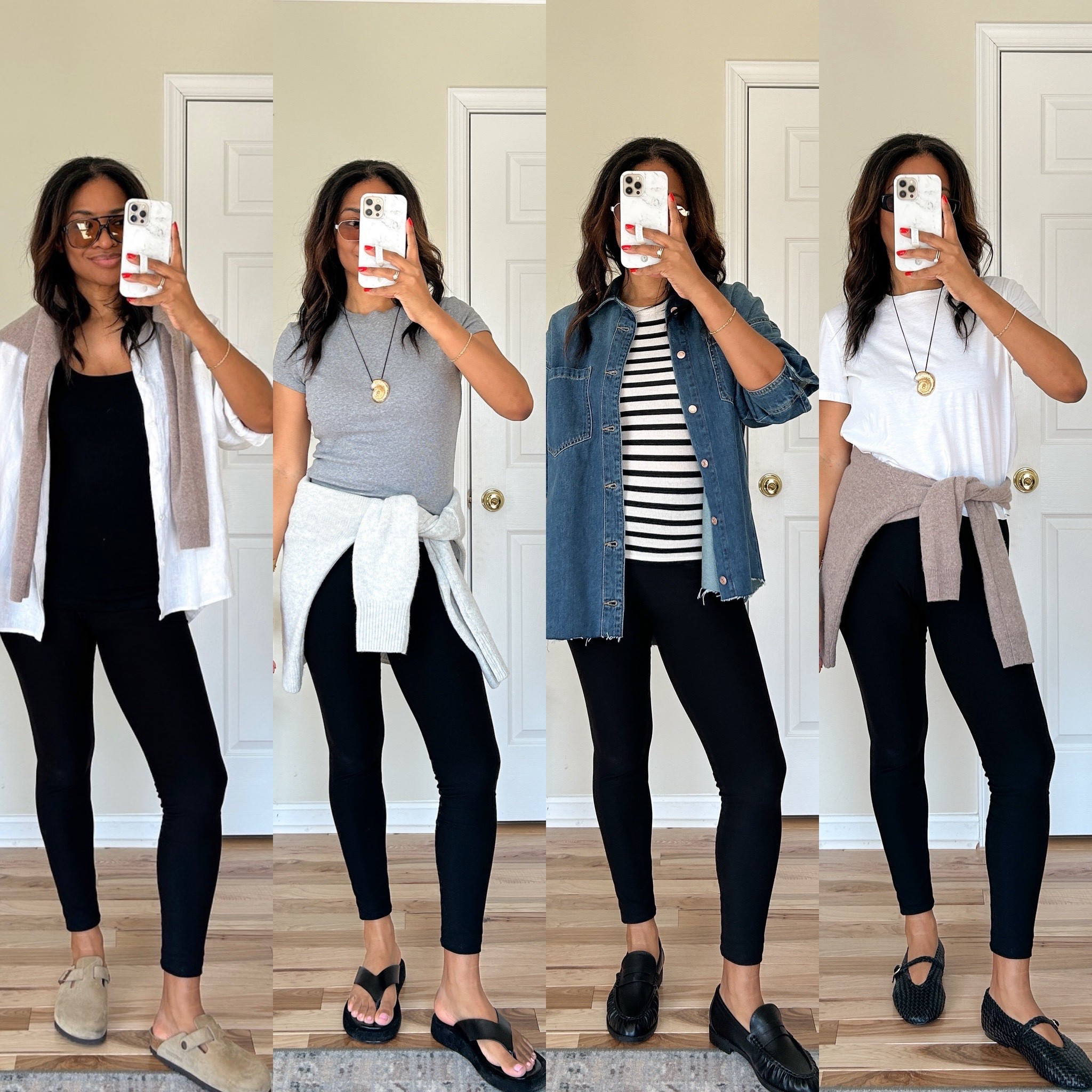 My leggings are from Walmart and I’m wearing a size small/medium in them. They’re really lightweight. They don’t have any compression so just keep that in mind. My basic tees are all a size small and my tanks are a size small as well. I size 1/2 down in the black loafers ￼￼