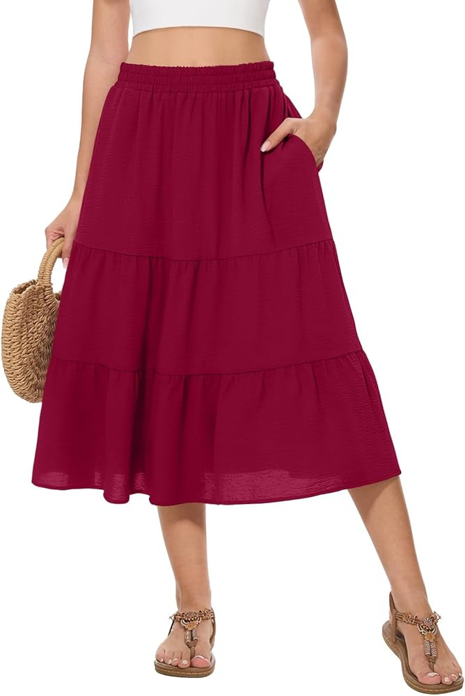AYIFU Women's Summer Midi Skirt Tiered Flowy High Waist A-Line Elastic Ruffle Casual Skirts with ... | Amazon (US)
