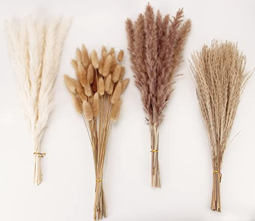 Dried Pampas Grass Decor, 100 Stems Pampas Grass Contains Bunny Tails Dried Flowers, Reed Grass Bouquet for Wedding Boho Flowers Home Table Decor, Rustic Farmhouse Party (17", White and Brown) | Amazon (US)