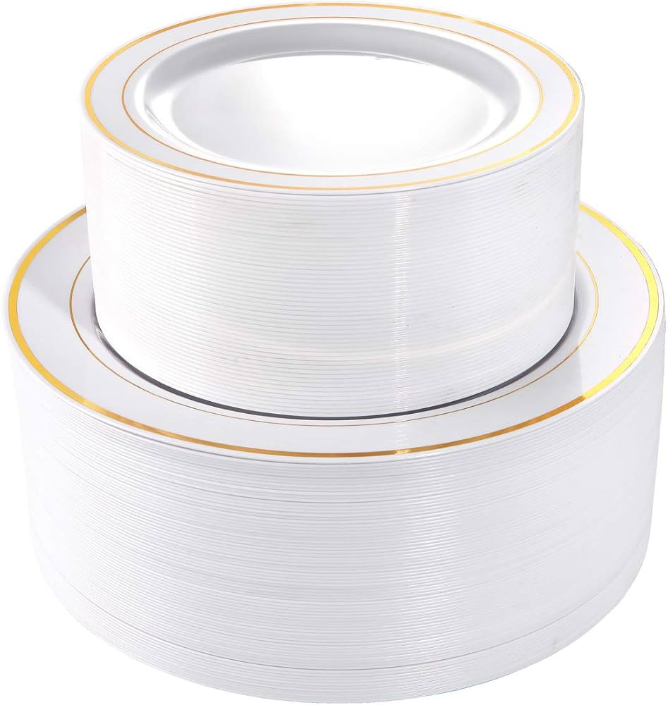 I00000 102 Pieces Gold Plastic Party Plates White Gold Rim, 51 Heavy Duty Gold Dinner Plates 10.2... | Amazon (US)