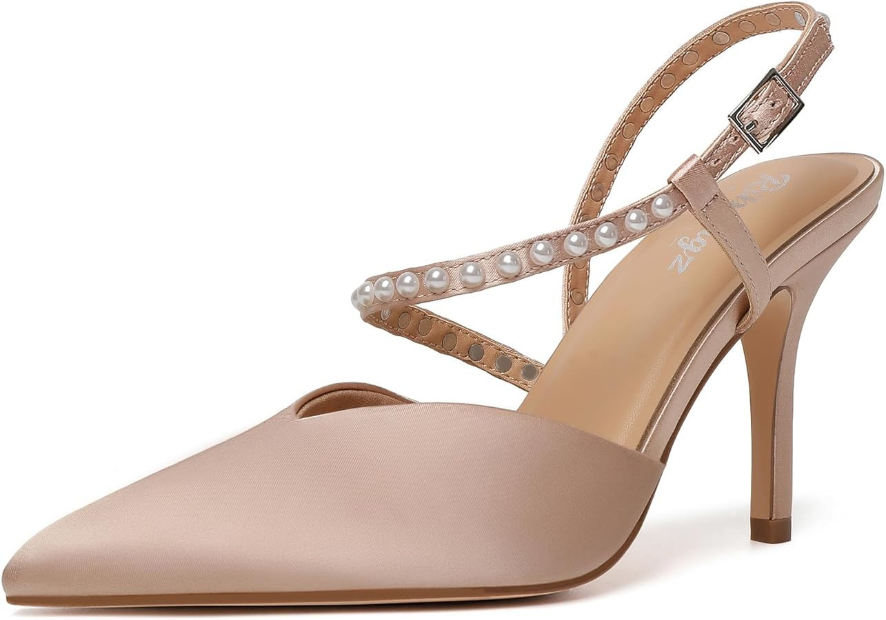 RINBONGZ Women's Pearl High Heels Pointed Closed Toe Wedding Shoes for Bride Stiletto Ankle Strap... | Amazon (US)