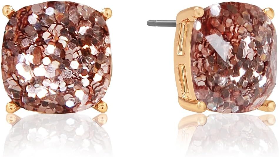 Humble Chic Large Square Stud Earrings for Women - Big Gold-Tone Glitter Statement Post Ear Studs | Amazon (US)
