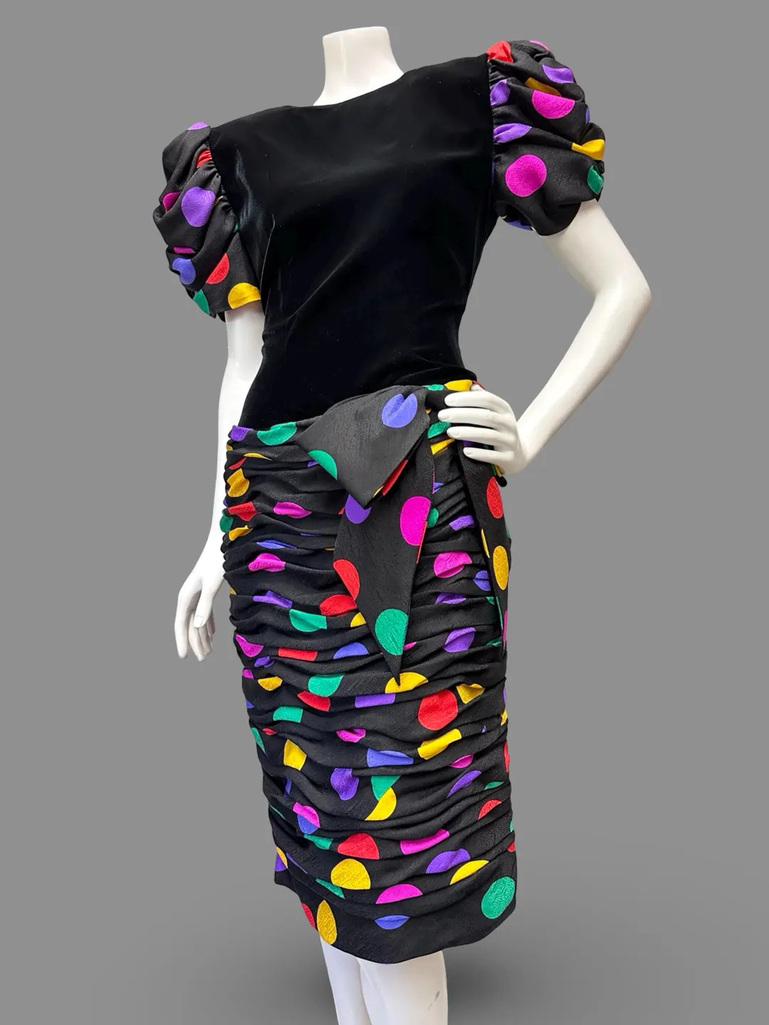1980s Colorful Silk Polka Dot Dress Black Velvet Bodice Ruched Skirt Party Dress Medium | Etsy (Global)