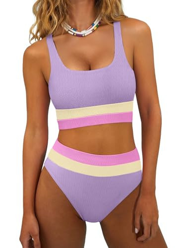 ANRABESS Bikini Sets for Women Summer 2026 High Waisted 2 Piece Bathing Suit Tummy Control Swimsuit Color Block Swimwear Light Purple Cream Pink Medium | Amazon (US)