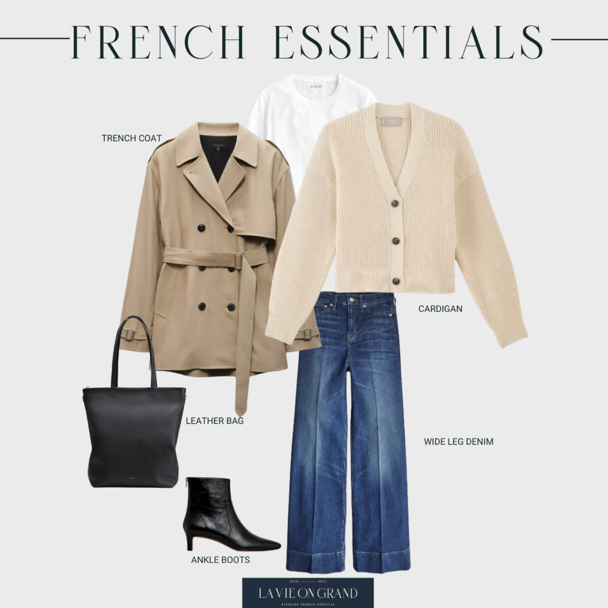 French Wardrobe essentials for fall 
Cardigan 
Short Trench
Wide leg denim
Tote 
Boots 

#LTKStyleTip #LTKSeasonal #LTKOver40