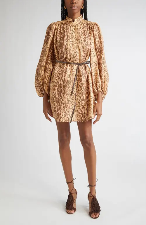 Zimmermann Cascadian Leopard Print Long Sleeve Tunic Dress in Tan Leopard at Nordstrom, Size 4 | Nordstrom