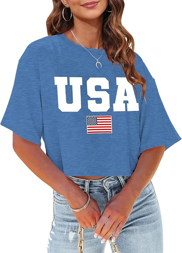American Flag Crop Tops Women USA Crop Shirt Patriotic 4th of July Tee Memorial Day Tshirt Girls ... | Amazon (US)
