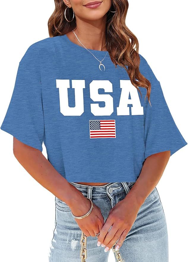 American Flag Crop Tops Women USA Crop Shirt Patriotic 4th of July Tee Memorial Day Tshirt Girls ... | Amazon (US)