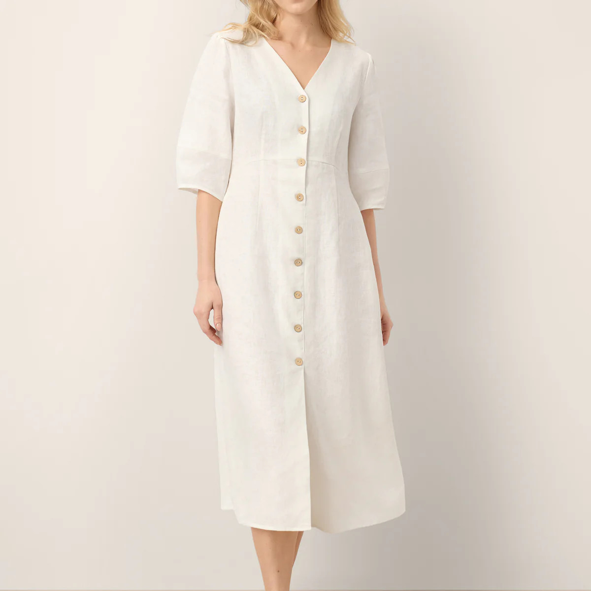 100% Linen Button-Front Lantern Sleeve Elasticated Waist Midi Dress LI | LINTICO