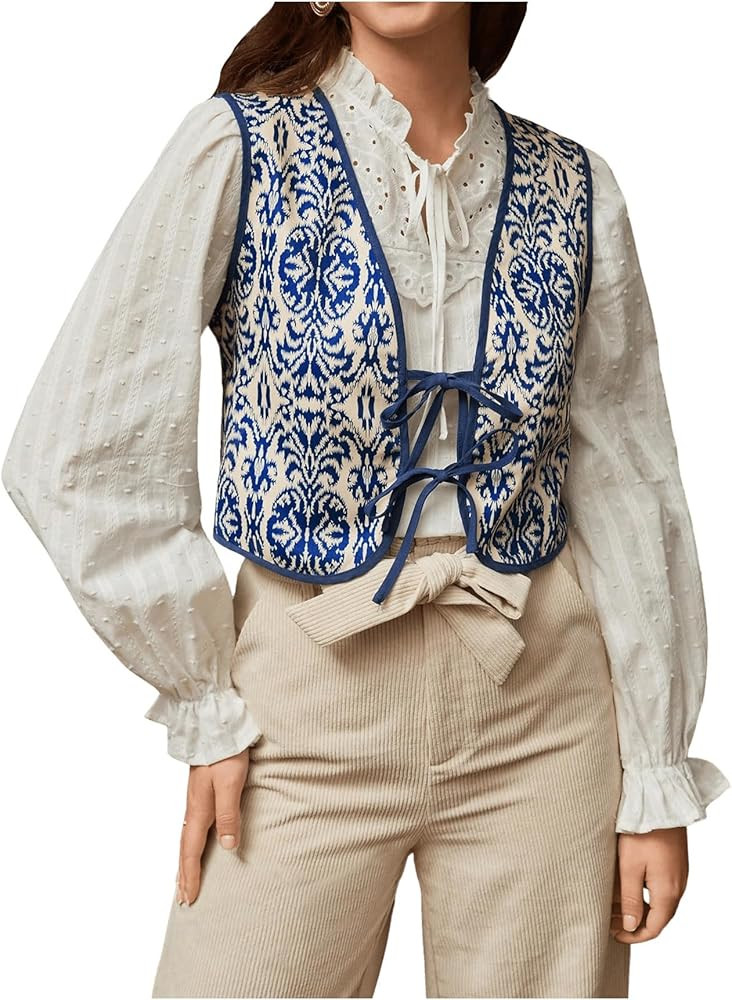 WDIRARA Women's Boho Print Tie Front Sleeveless Tank Top Vintage Vest Top Waistcoat | Amazon (US)