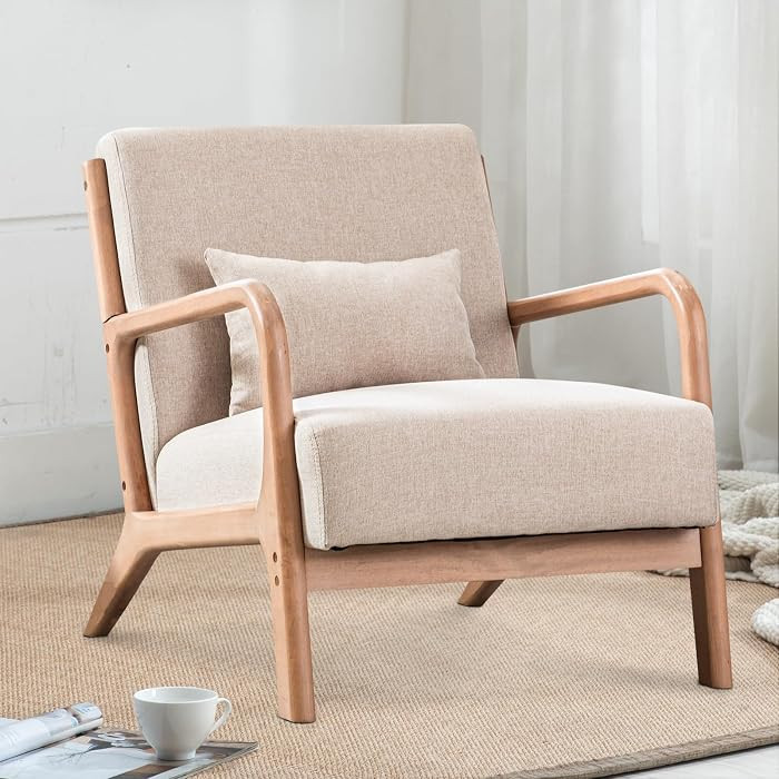 Mid Century Modern Accent Chair with Wood Frame, Upholstered Living Room Chairs with Waist Cushio... | Amazon (US)
