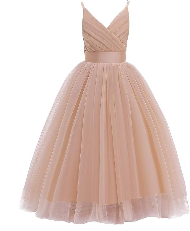 Glamulice Flower Girls Spaghetti Strap Tulle Dress Long A Line Wedding Pageant Dresses Princess B... | Amazon (US)