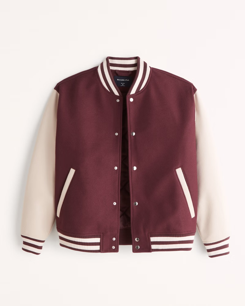 Abercrombie & Fitch Men's Varsity Bomber Jacket in Burgundy - Size XS | Abercrombie & Fitch (US)