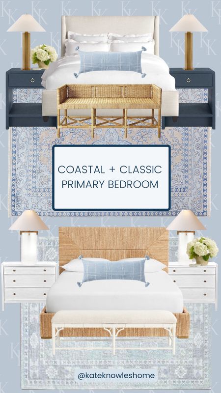 Coastal bedroom with navy nightstands, upholstered bed, rattan bed, white nightstands, blue rug, blue lumbar pillow, classic bedroom, bedroom design, primary bedroom, Serena and Lily, Kathy Kuo home, mcgee and co, circa lighting

#LTKhome #LTKFind #LTKSale