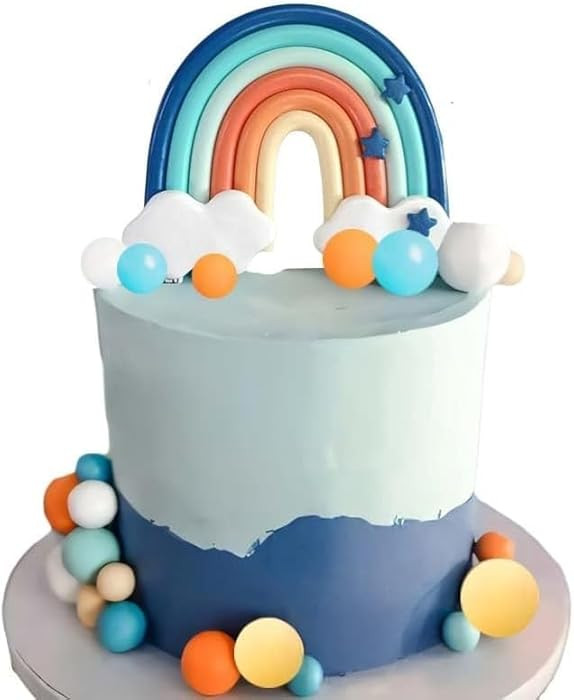 Blue Rainbow Cake Toppers, Qoadwem 14pcs Blue Rainbow Cake Toppers With Orange White Balls For Do... | Amazon (US)