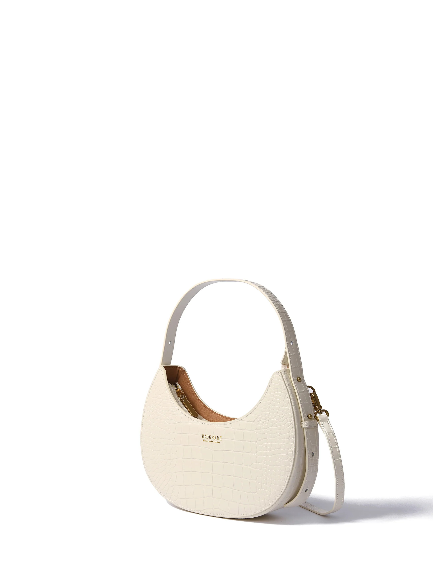 Naomi Leather Moon Bag with Croc-Embossed Pattern, White | Bob Ore Blue Collection