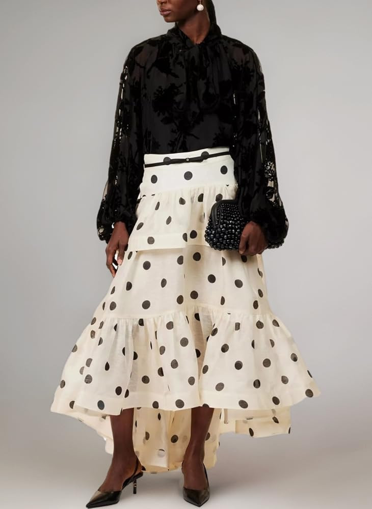 Womens Long Polka Dot Skirt Ruffle Layered High Waist Vintage Summer Long Skirt | Amazon (UK)