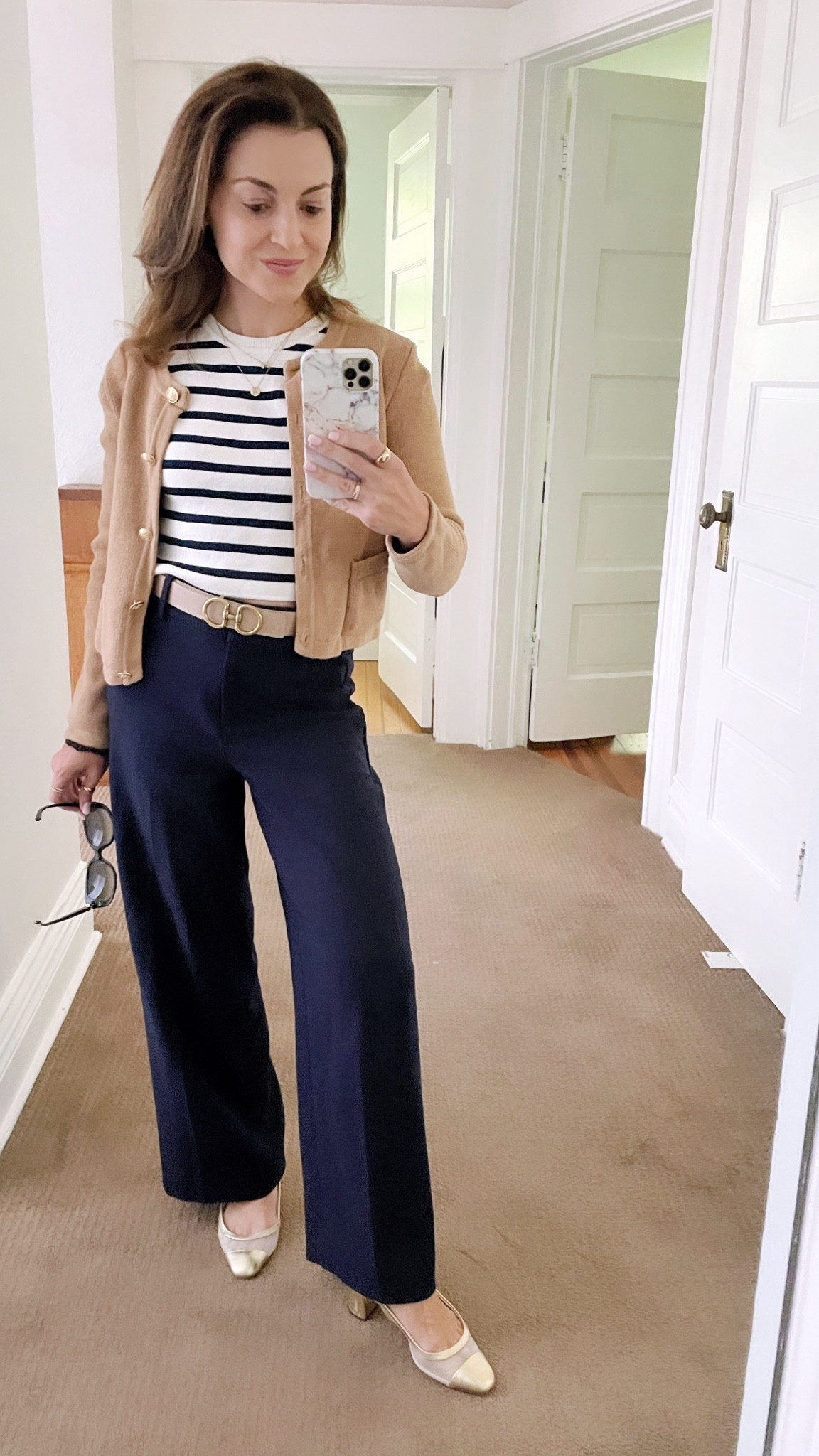 Sweater jacket: XXS 
Pants: 00 regular (petite is an actual crop on me) 
Stripe top: old Zara
Belt: Edited Pieces
Sunglasses: old Valentino
Shoes: J.Crew 5.5, linked similar styles