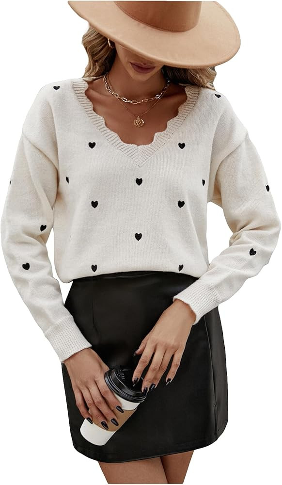 Women's Heart Pattern V Neck Sweater Scallop Trim Long Sleeve Pullover Tops | Amazon (US)