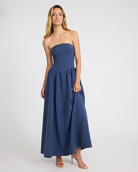 Denim Strapless Seamed Drop Waist Maxi Dress | Express