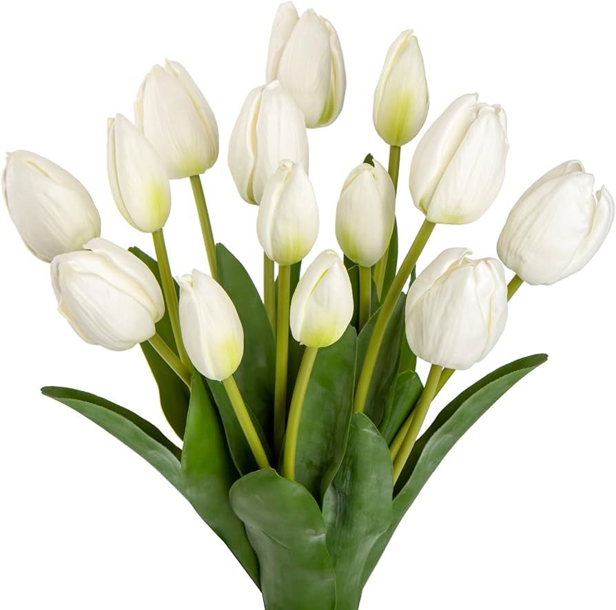 14 Stems 19" Artificial White Tulip Flower Fake Flower Bouquet, Shabby Chic Real Touch EVA Faux T... | Amazon (US)