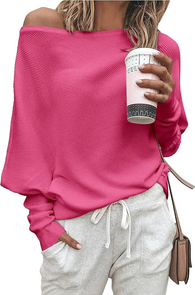 Zenlonr Women's Fall Sweaters 2026 Casual Long Batwing Sleeve Loose Off Shoulder Knit Pullovers J... | Amazon (US)