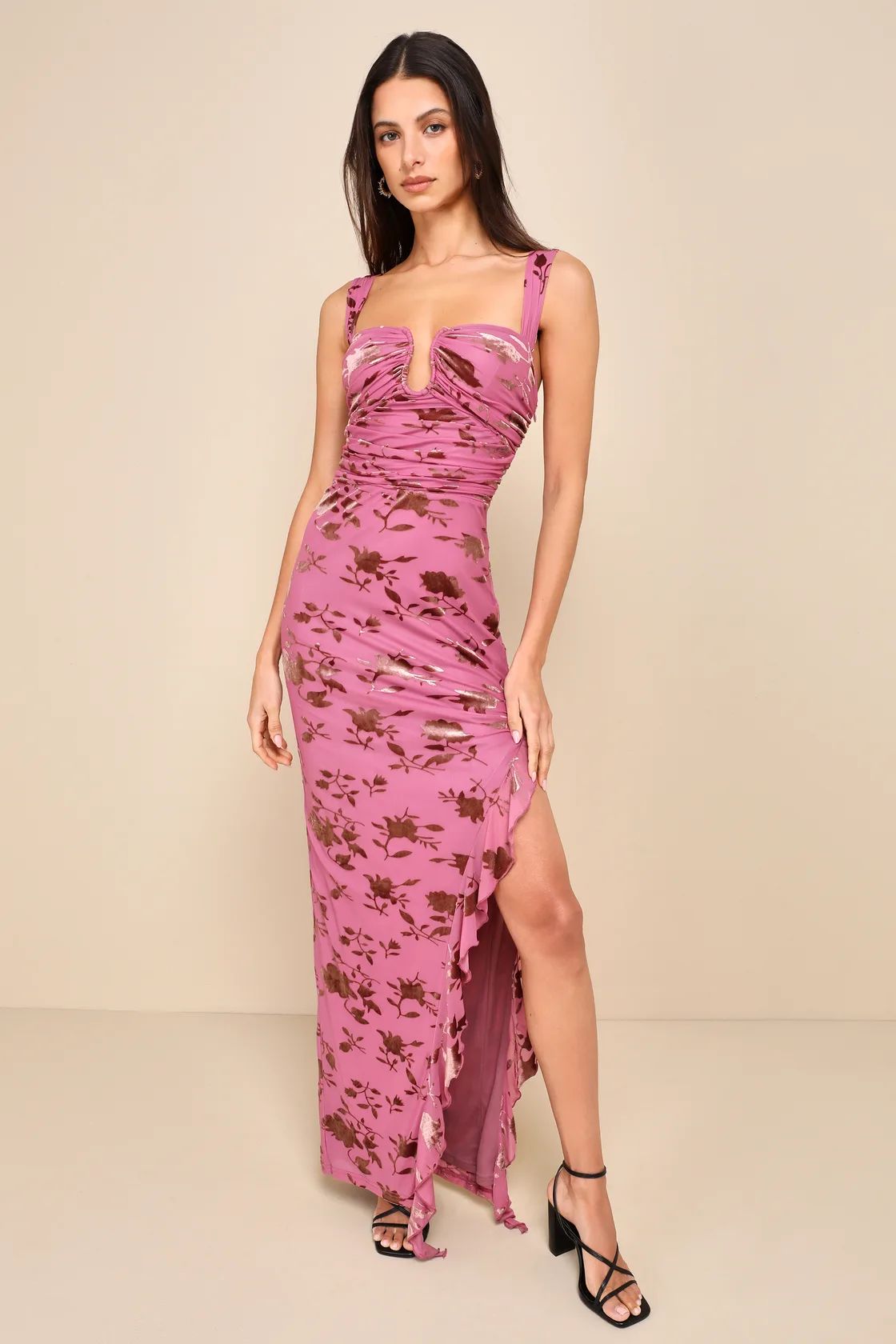 Dramatic Confidence Mauve Pink Floral Velvet Burnout Maxi Dress | Lulus