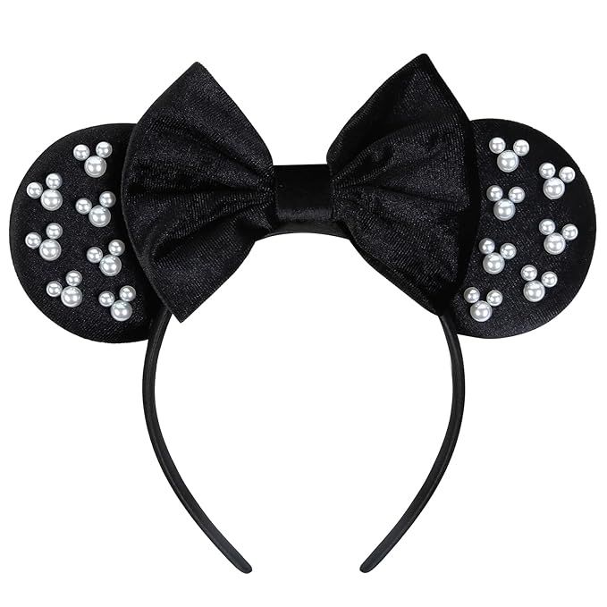 WOVOWOVO Mouse Ears Headbands for Women Girls Black Bow Pearl Hairbands Velvet Headband Christmas... | Amazon (US)