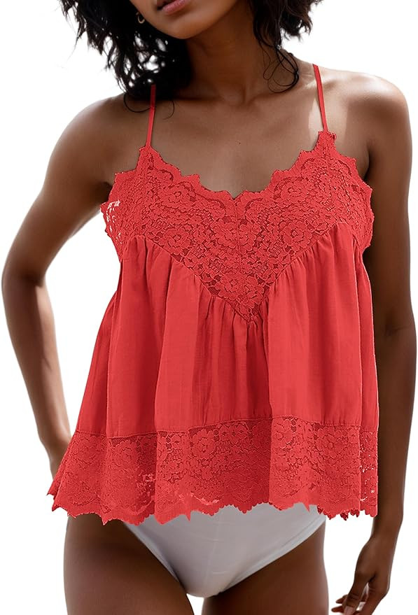 MISSACTIVER Women's Lace Trim Spaghetti Strap Cami Top Scalloped Hem Sleeveless Backless V Neck R... | Amazon (US)