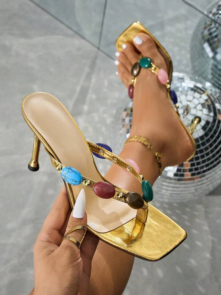 $22.08$29.61-25%Women's Square Toe Rhinestone Decor Metal Style High Heel Sandals, Fashion Comfor... | SHEIN