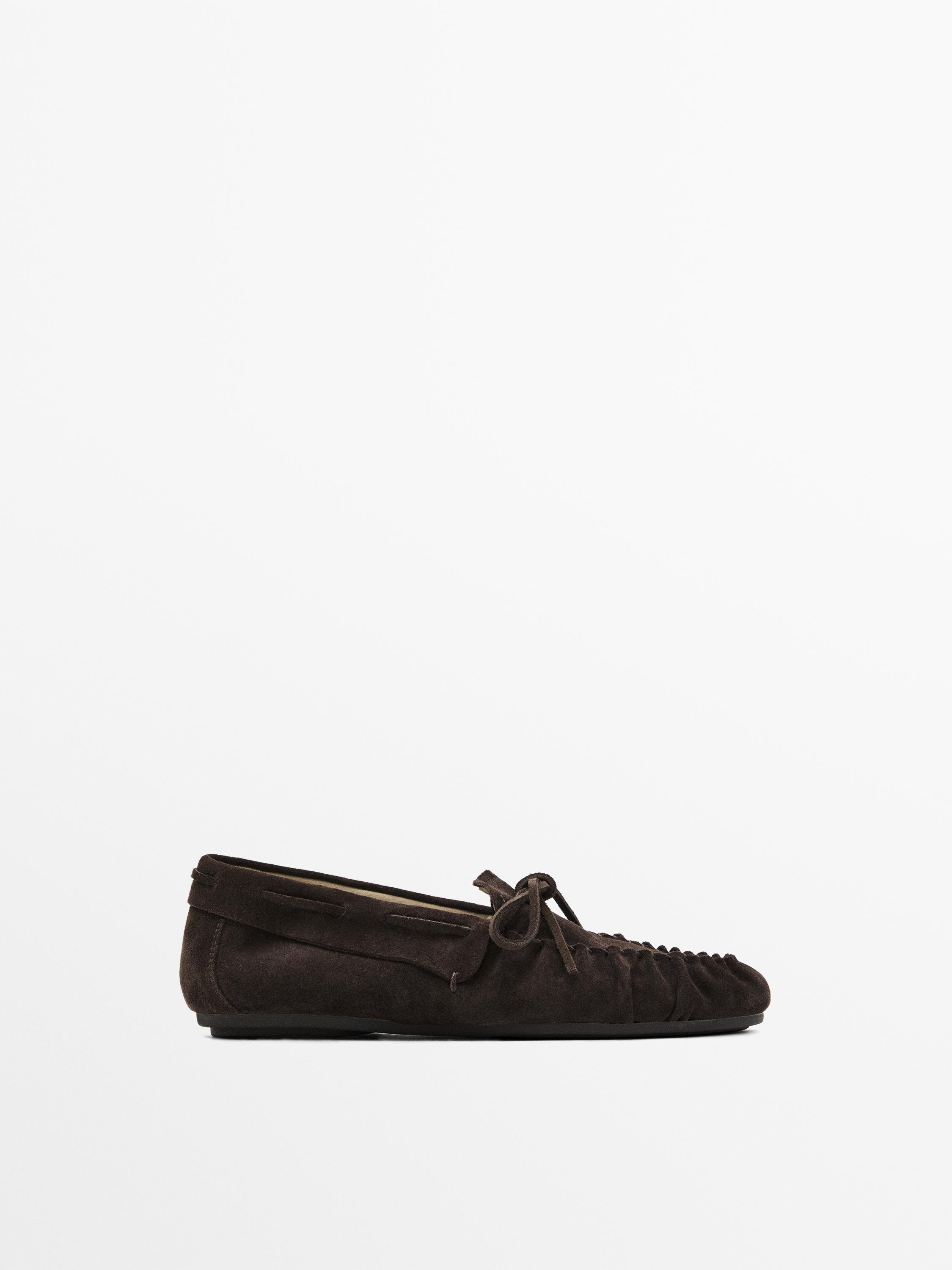 Split leather loafers with gathered bow | Massimo Dutti UK