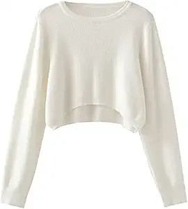 Women White Crop Knitted Sweater Jumper Female Pullovers Tops,White,S | Amazon (US)