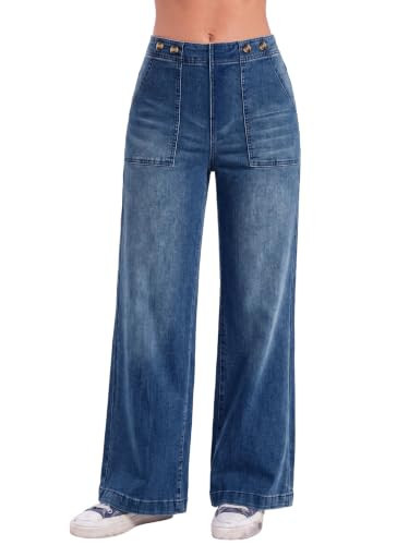 EMMIOL Wide Leg Jeans for Women Patchwork Pockets Mid High Waisted Stretchy Baggy Denim Pants with Side Zipper Closure Dark Blue M | Amazon (US)