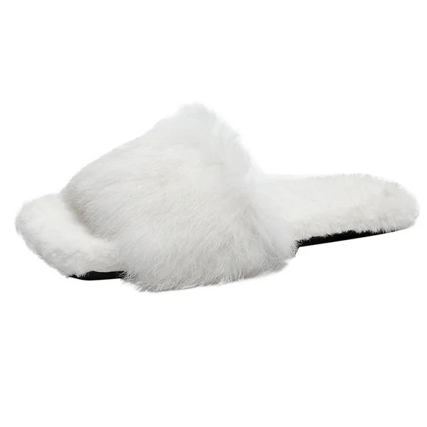 Cotonie Women's Fashion Square Toe Pure Color Furry Comfortable Casual Flat Slippers | Walmart (US)