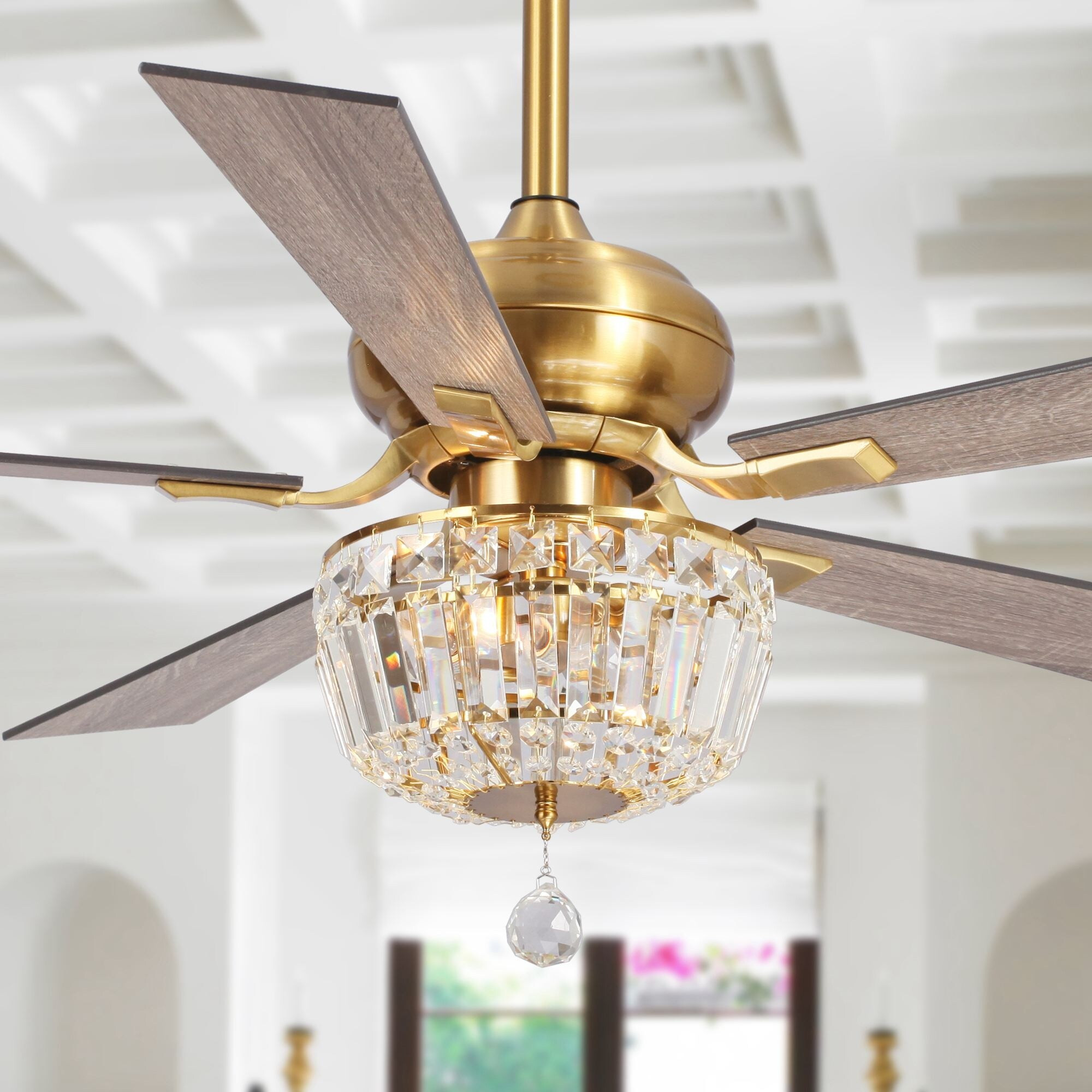 52-inch Farmhouse Wood 5-Blade Gold Crystal Ceiling Fan with Remote and Light Kit | Bed Bath & Beyond