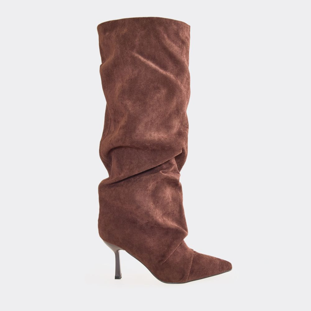 Cave Pointed Toe Slouched Detail Knee High Boot In Brown Faux Suede | EGO (UK)