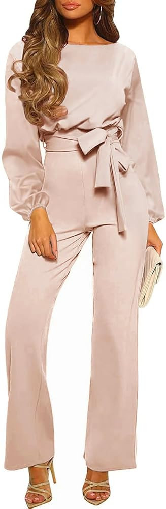 Women's Dressy Jumpsuit Fall One Piece Long Sleeve Belt Pockets Wide Leg Pants Romper Business Ca... | Amazon (US)