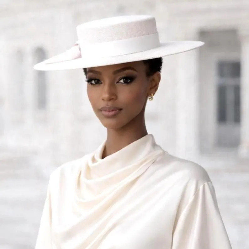 ROSALIE White Straw Boater Hat with Silk Ribbon for Weddings and the Races, | Etsy (US)