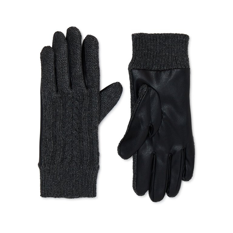 Time and Tru Women's Mixed Media Knit and Faux Leather Gloves | Walmart (US)