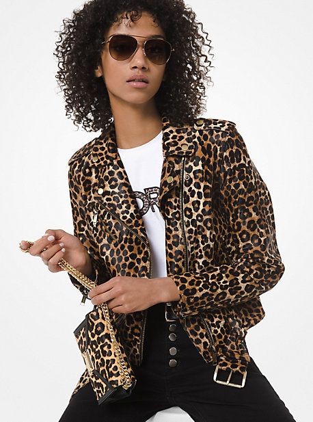 Leopard-Print Leather Moto Jacket | Michael Kors US