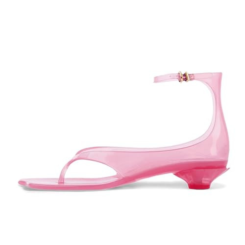 KISSASA Pink Jelly Shoes for Women Fip Flop Kitten Heel Sandals Clear Ankle Strap Thong Heels Summer Low Heeled Summer Dress Shoes Pink Size 6.5 | Amazon (US)