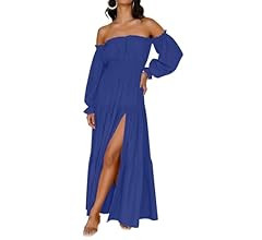 ZESICA Women's 2024 Boho Sexy Off Shoulder Long Sleeve Smocked High Waist Side Split Flowy A Line... | Amazon (US)