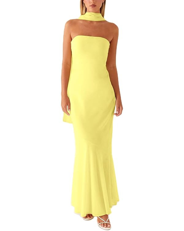 Women Strapless Floral Dress with Sarf Mesh Tube Maxi Dress Summer Cocktail Wedding Guest | Amazon (US)