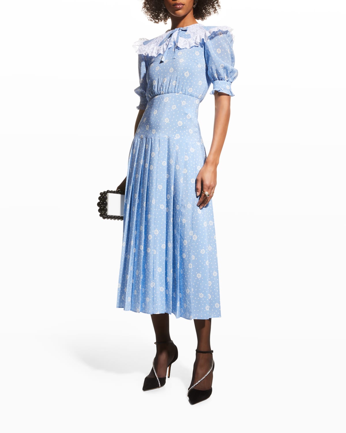 Polka Dot And Daisy Crepe De Chine Dress with Collar | Neiman Marcus