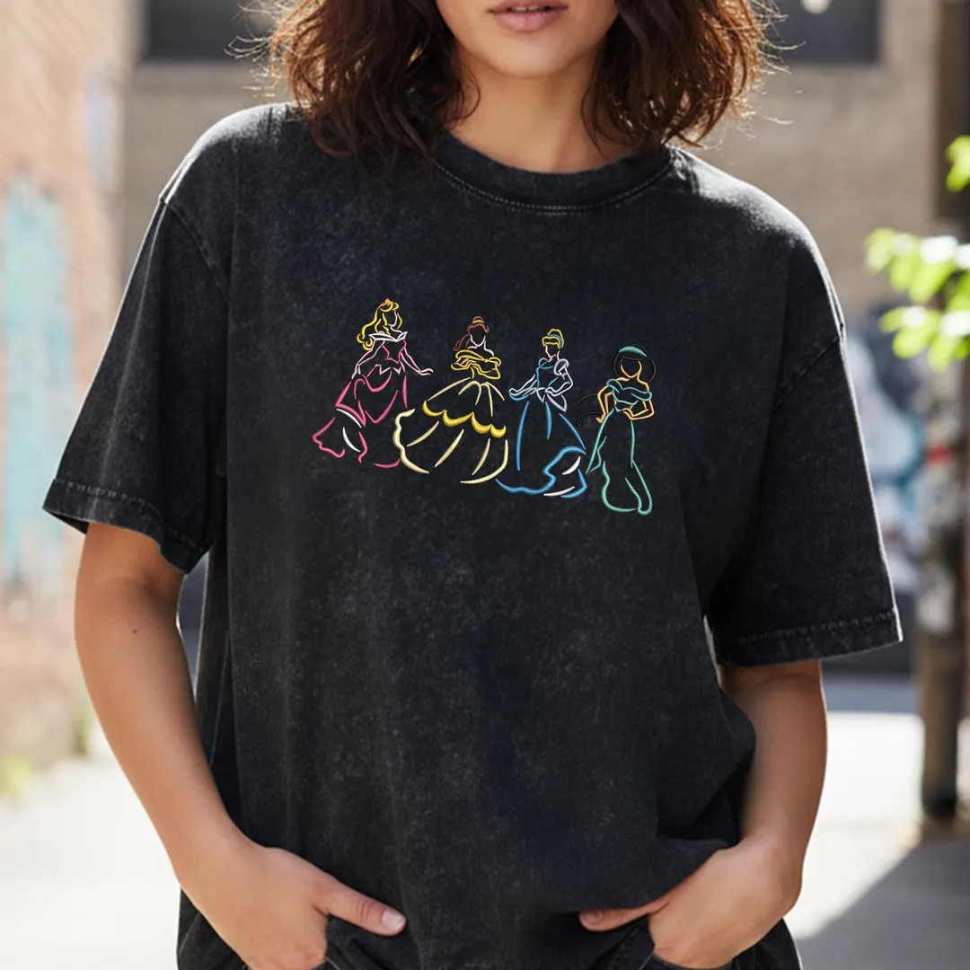 Embroidered Disney Princess Shirt, Vintage Washed T-shirt, Minimalist Aurora Belle Cinderella Jas... | Etsy (US)